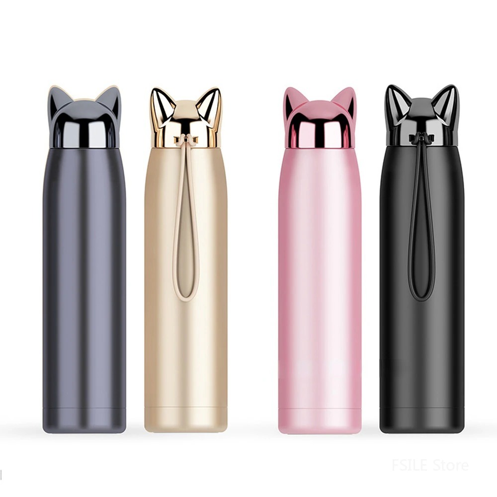 Cute Cat Water Bottle Stainless Steel Water Bottle Insulated Thermal Travel  Mug Cute Vacuum Water Mug for Women and Kids (Gold)
